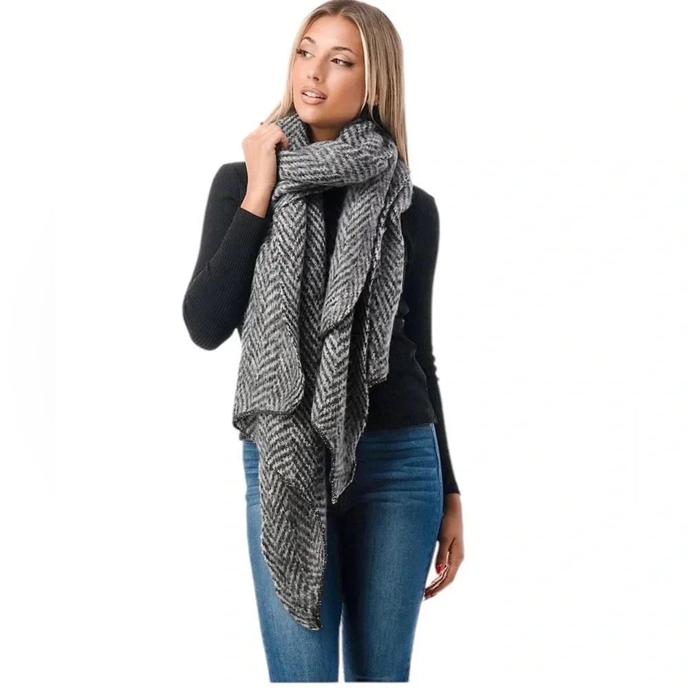 Marcus Adler The Lucia Large Scarf Wrap Black and White Herringbone NWT